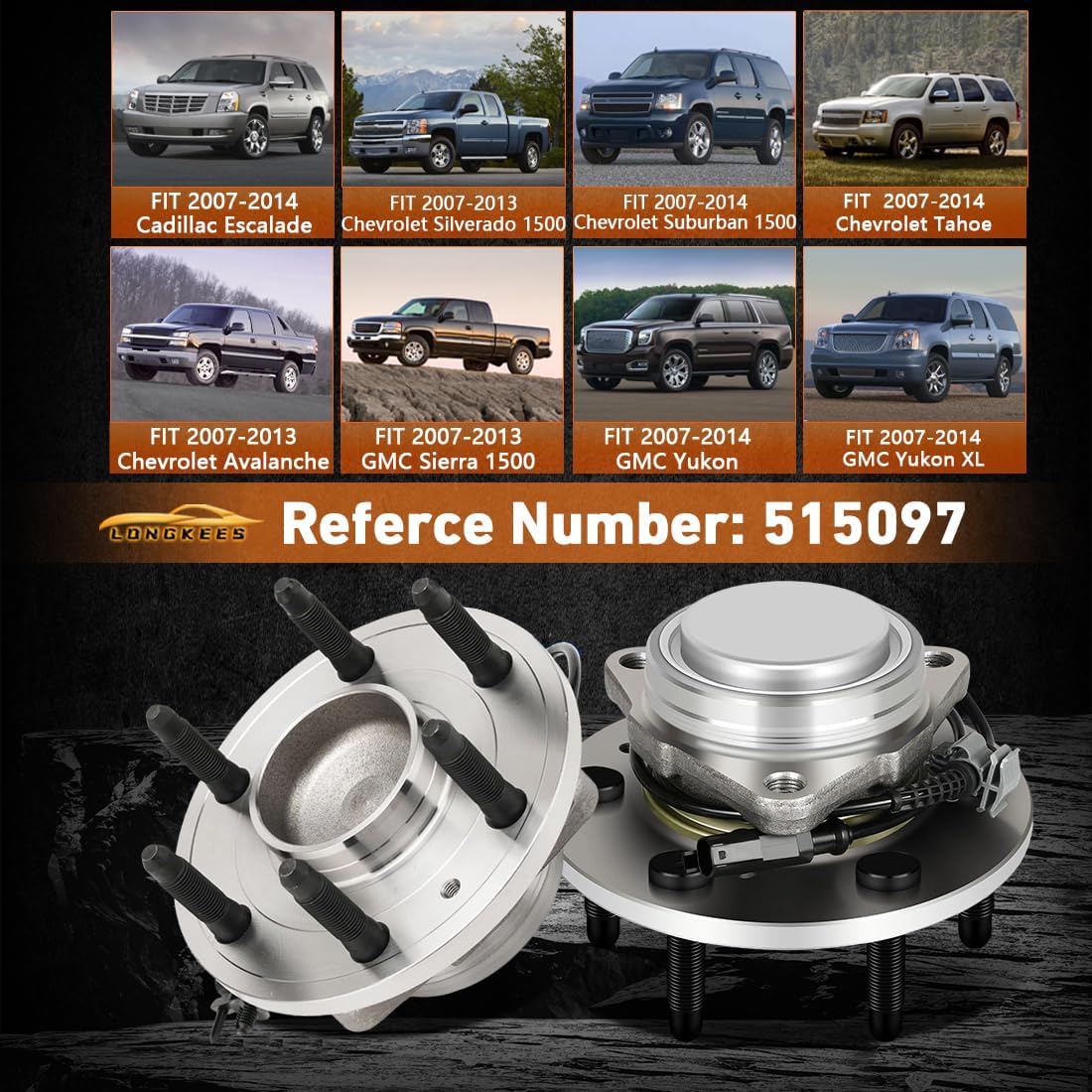 Front Wheel Hub Assembly and Wheel Bearing FIT for 2007-2013 Silverado Sierra 1500 2WD, FIT for 2007-2014 Tahoe Yukon Suburban Escalade 2WD Only, 6-Lug Replace 515097