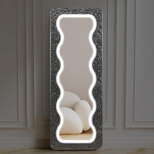 Espejo LED ondulado de longitud completa de 63 x 24 pulgadas, espejo de cuerpo completo irregular, espejo de piso arqueado ondulado, espejo de pared