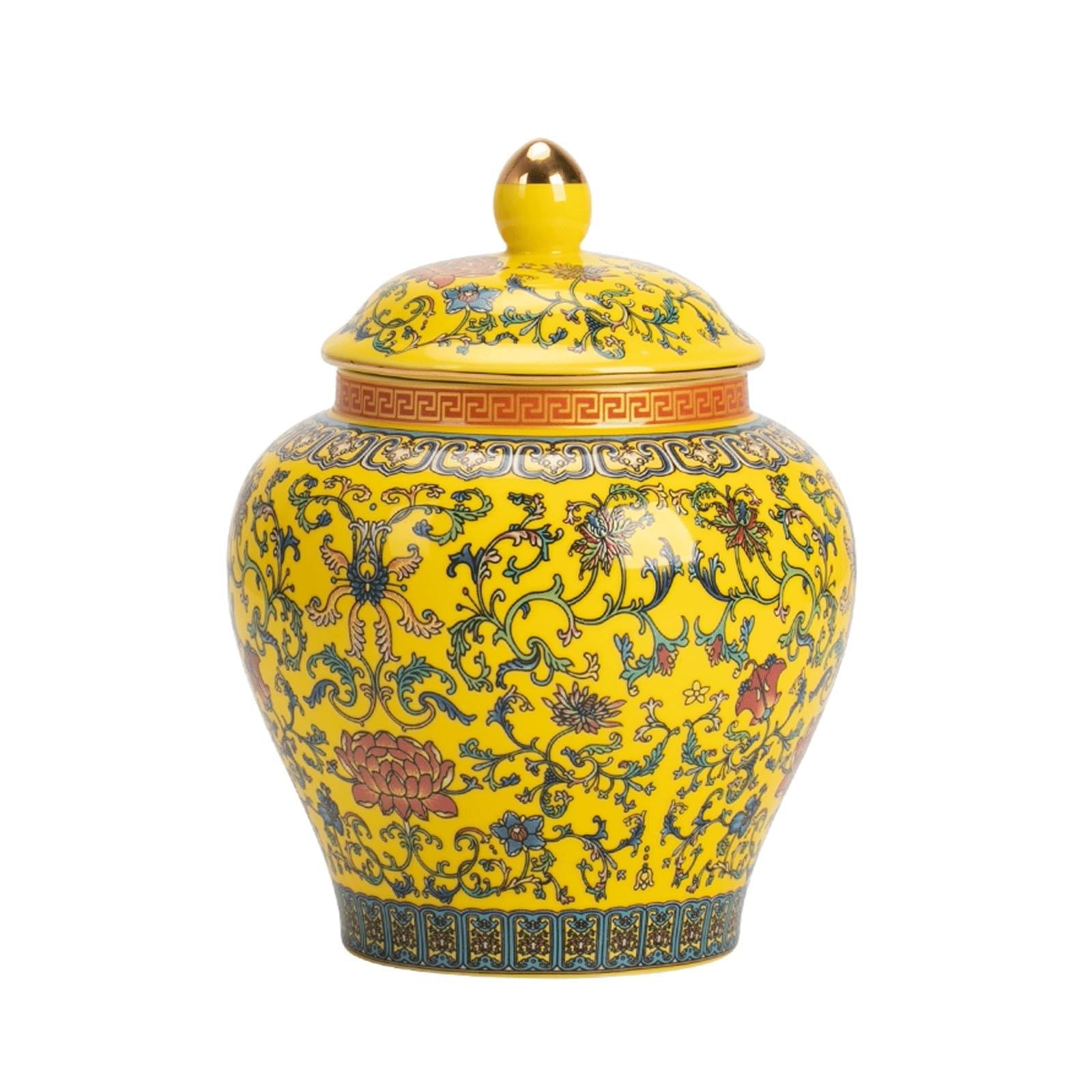 Chinoiserie Ginger Jar with Lid, Storage Jar for Home Decor Temple Jar, Floral Ceramic Decorative Flower Vase Traditional Decorative Jar(Gelb)