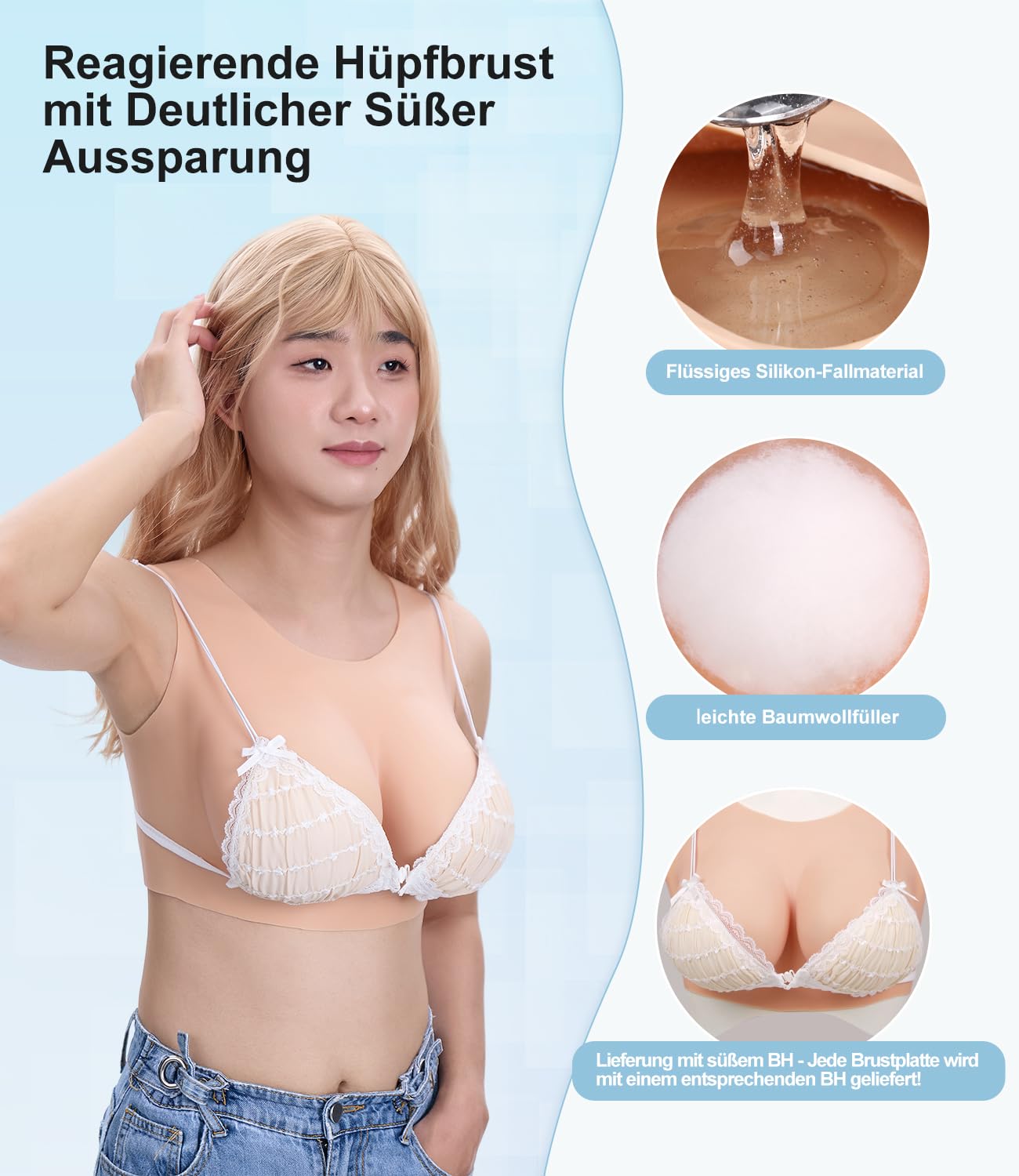 Peikey Silikon Brüste, [Rundhals-Version] Künstliche Brüste mit Geeignete BH, Realistisch Silikonbrustplatten Brustformen für Crossdresser, Weißer Hautton-Hochwertige Füllstoff, B Körbchen