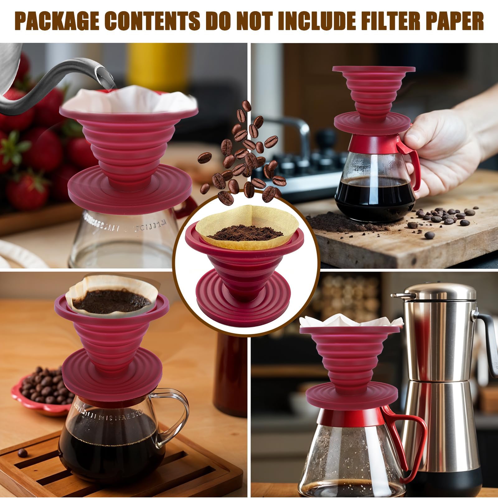 Collapsible Faltbarer Silikon Kaffee Tropfer mit 50 Papierfiltern Wiederverwendbarer Kaffeefilter für Zuhause Camping Reise Büro Groß Kegel V02 2-4 Tassen Rot