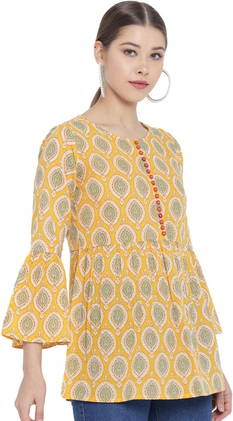 Yash Gallery Women's Cotton Floral Printed Regular Round Neck Bell Sleeve Short Kurtis Top Blouse For Summer - Image 2