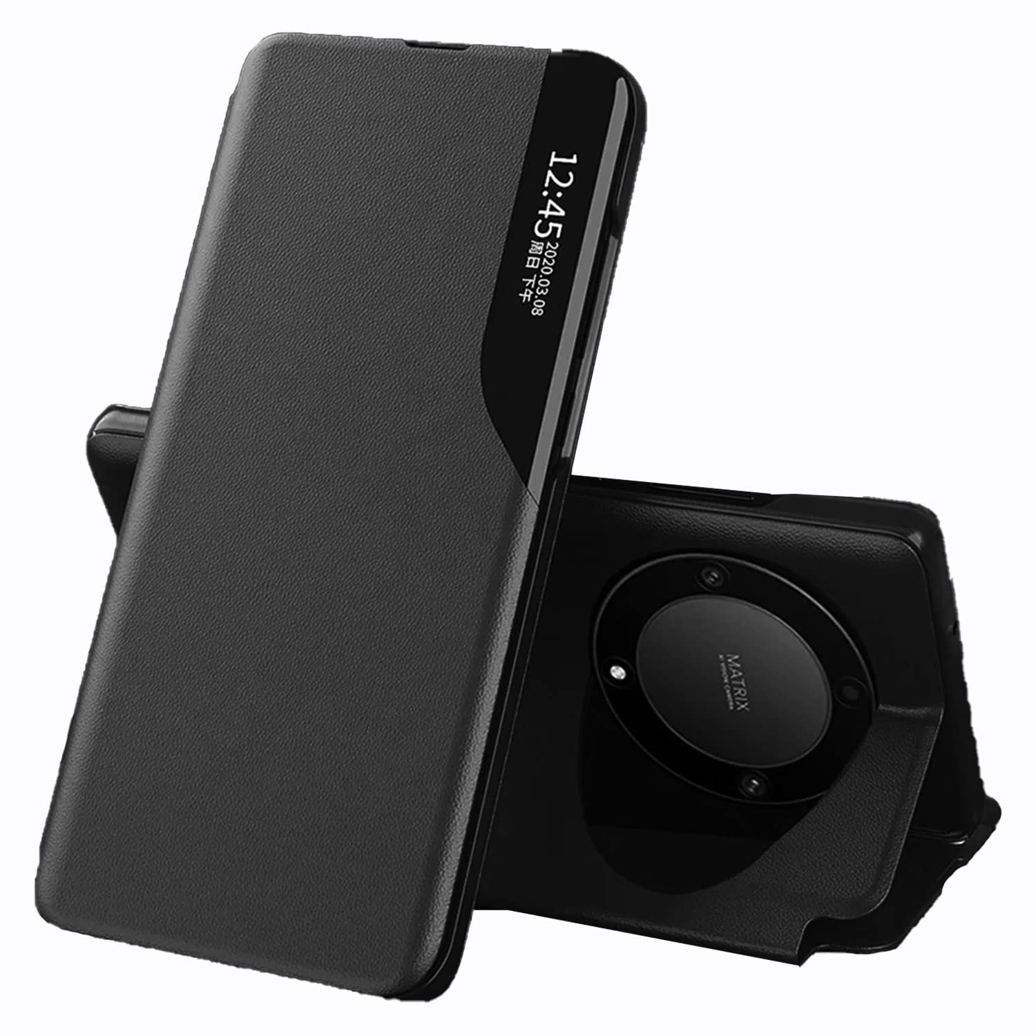 Lukione Compatible with Honor X9b Case Clear View Window,Magnet Case Automatic Wake Up & Sleep Drop Protection Shockproof Protective Cover for Honor X9B (Black)