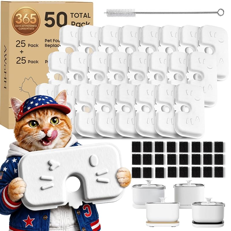 Refil para fonte de água para gatos AWoHH com carvão ativado e resina de troca iônica para PETLIBRO, 25 filtros, 25 esponjas e 1 escova