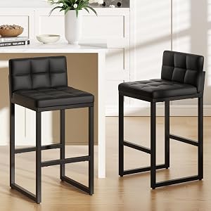 24in Bar Stools Set of 2, Modern Faux Leather Counter Height Bar Stools with Low Back and Footrest, Sturdy Thickened Metal Leg, Upholstered Kitchen Bar Chairs for Island (Black)