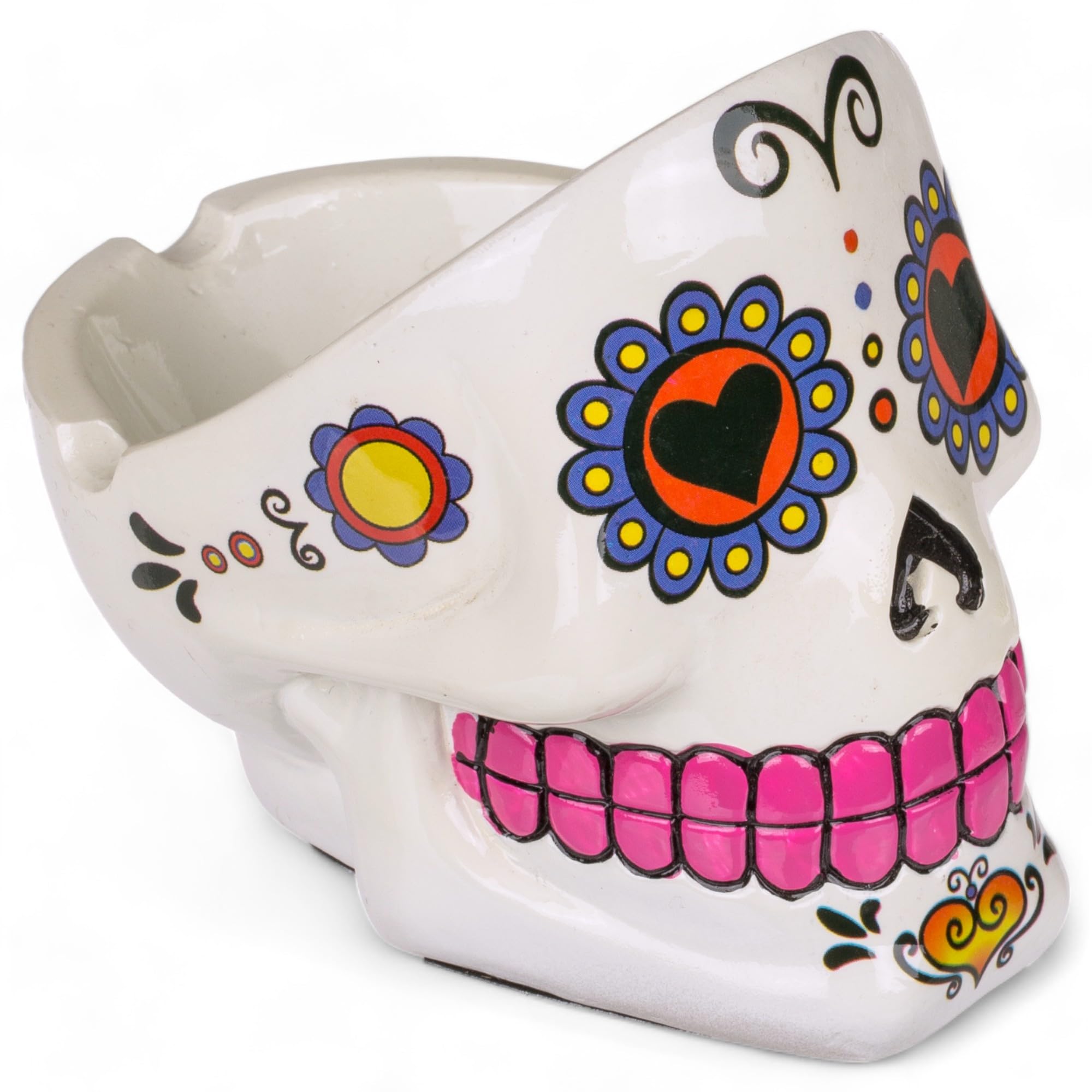 MIJOMA Sugar Skull Ashtray - Decorative Skull Ashtray in Mexican Calaveras Style - Hand-Painted Polyresin Decorative Souvenir - for Smokers (White)