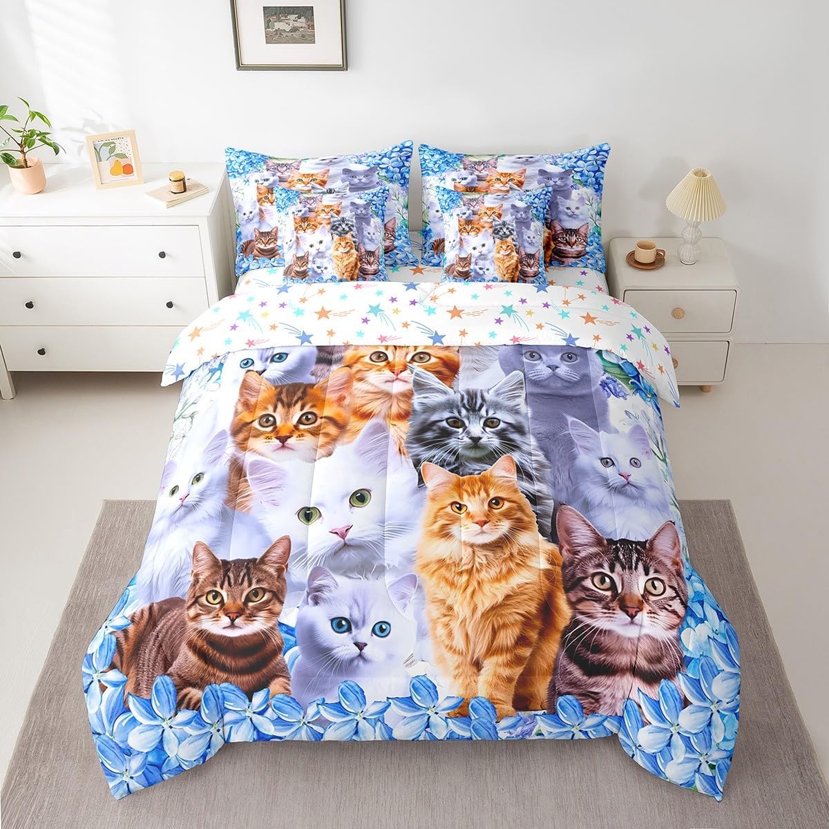 Feelyou Floral Cat 7 Piece Bedding Set with Sheets Twin Size Blue Cat Comforter Set with Sheets for Kids Teens Girls Bed Set Kawaii Animals Cute Decor Bedroom Soft and Lightweight(Reversible Stars)