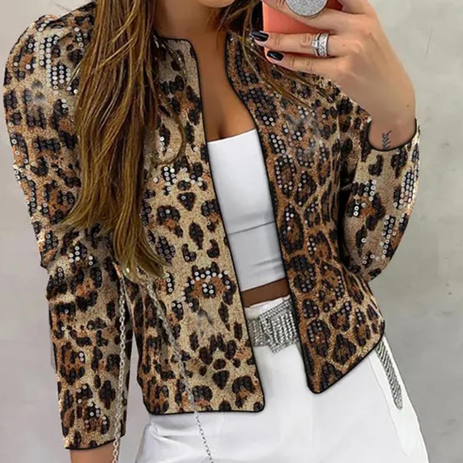 Womens Fall Winter Casual shimmer Sequin Blazer Jacket, Long Sleeve Sparkle Work Cardigan Tops