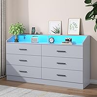 Vista 13 de Cómoda de 6 cajones con toma de corriente, cómoda con luz LED, cómoda moderna con cubículo de almacenamiento abierto, organizador de cómodas dobles