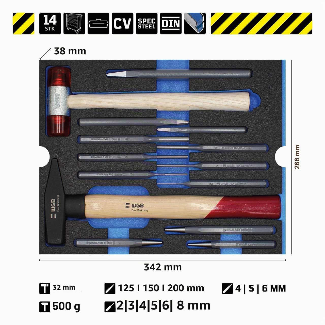 Werkzeug Set Hammer, Meissel, Durchtreiber & Körner 14 teilig | Schaumstoffeinlage Werkzeug für Werkzeugkoffer & Werkstattwagen | WGB Modul 6290