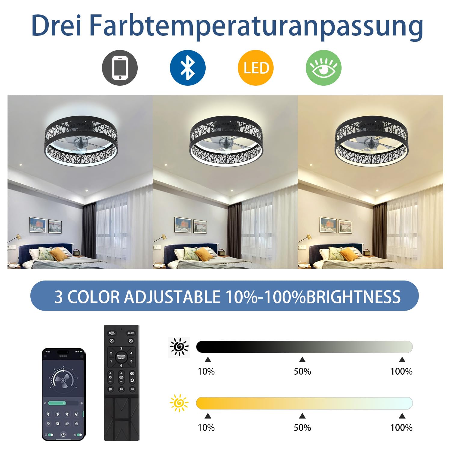 Deckenventilator Mit LED-Beleuchtung – Leise, Dimmbar, Fernbedienung, Unsichtbare Flügel, 3 Windstufen – Moderne Deckenlampe Für Schlafzimmer & Wohnzimmer