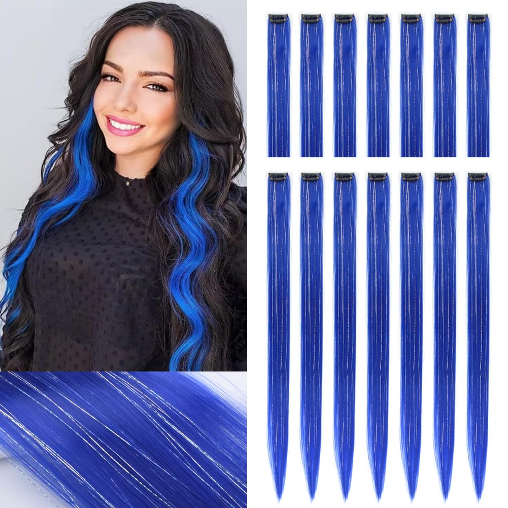 ZIRANJUAN 14 Pcs Clip in Hair Extensions, 22 Inch Colored Hair Extensions Party Highlights Long Straight Synthetic Hairpieces for Women (Blue)