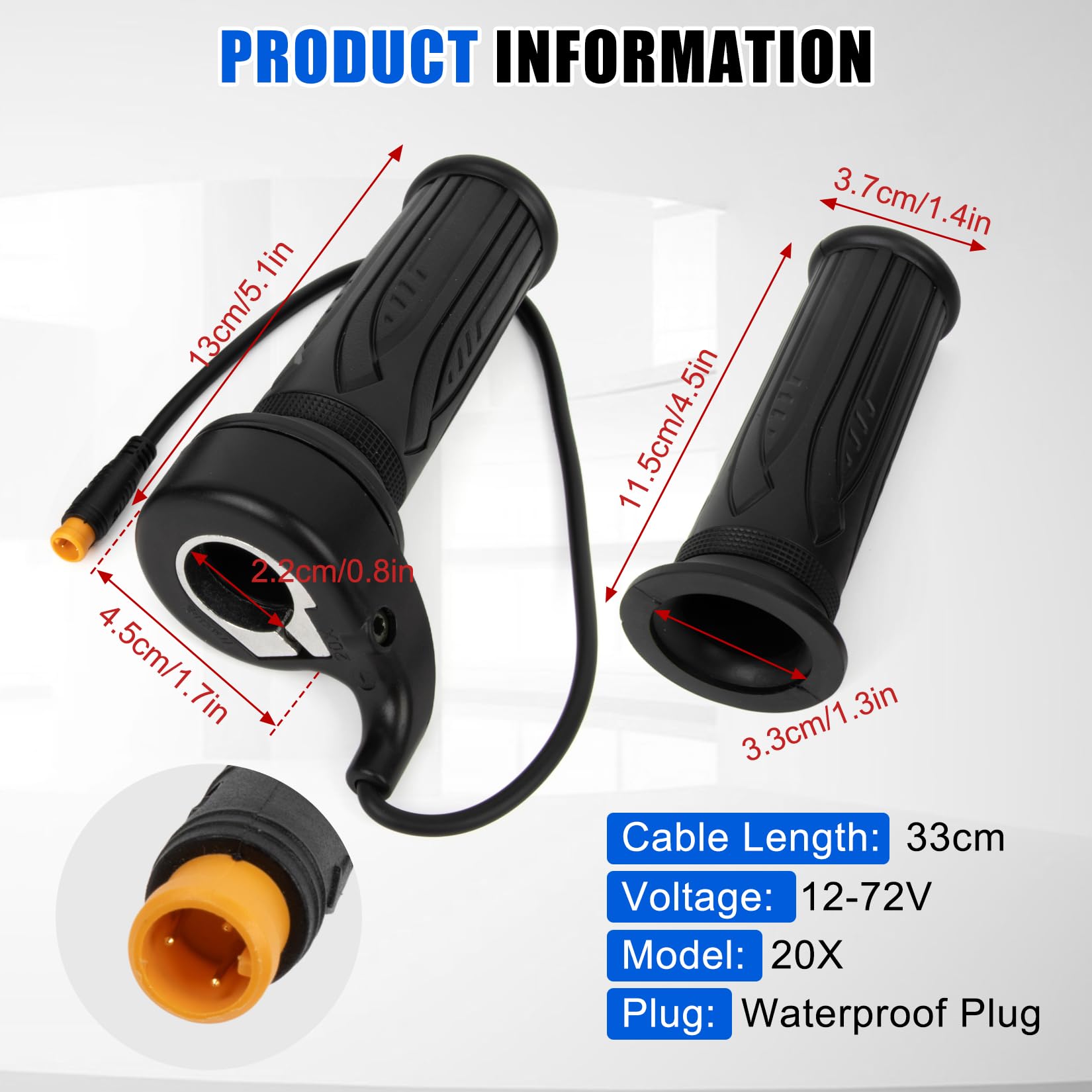 PSLER 20X Full Twist Throttle Grip for EBike,12V-72V 3 Pin E-Bike Throttle for 22.2mm Handlebar Electric Bike Scooter Motorcycle with Waterproof Connector — view 5