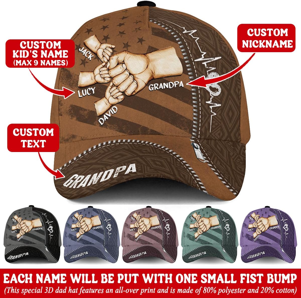 Custom Grandpa Hats, Personalized Daddy Hat, Customized Dad Hat, Personalized Fathers Day Hat, Fist Bump Hat
