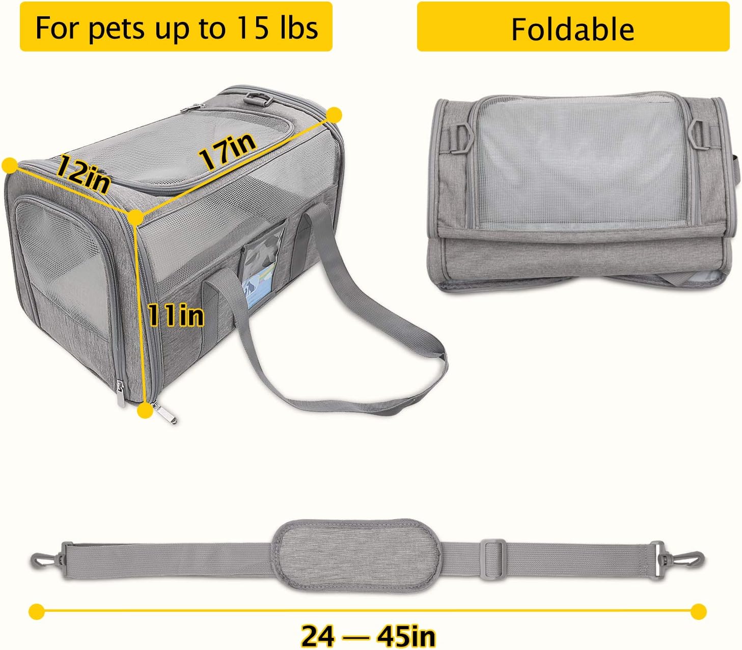 Refrze Pet Carrier Airline Approved, Cat Carriers for Medium Cats Small Cats, Soft Dog Carriers for Small Dogs Medium Dogs, TSA Approved Pet Carrier for Cats Dogs of 15 Lbs, Puppy Carrier,Grey : Pet Supplies