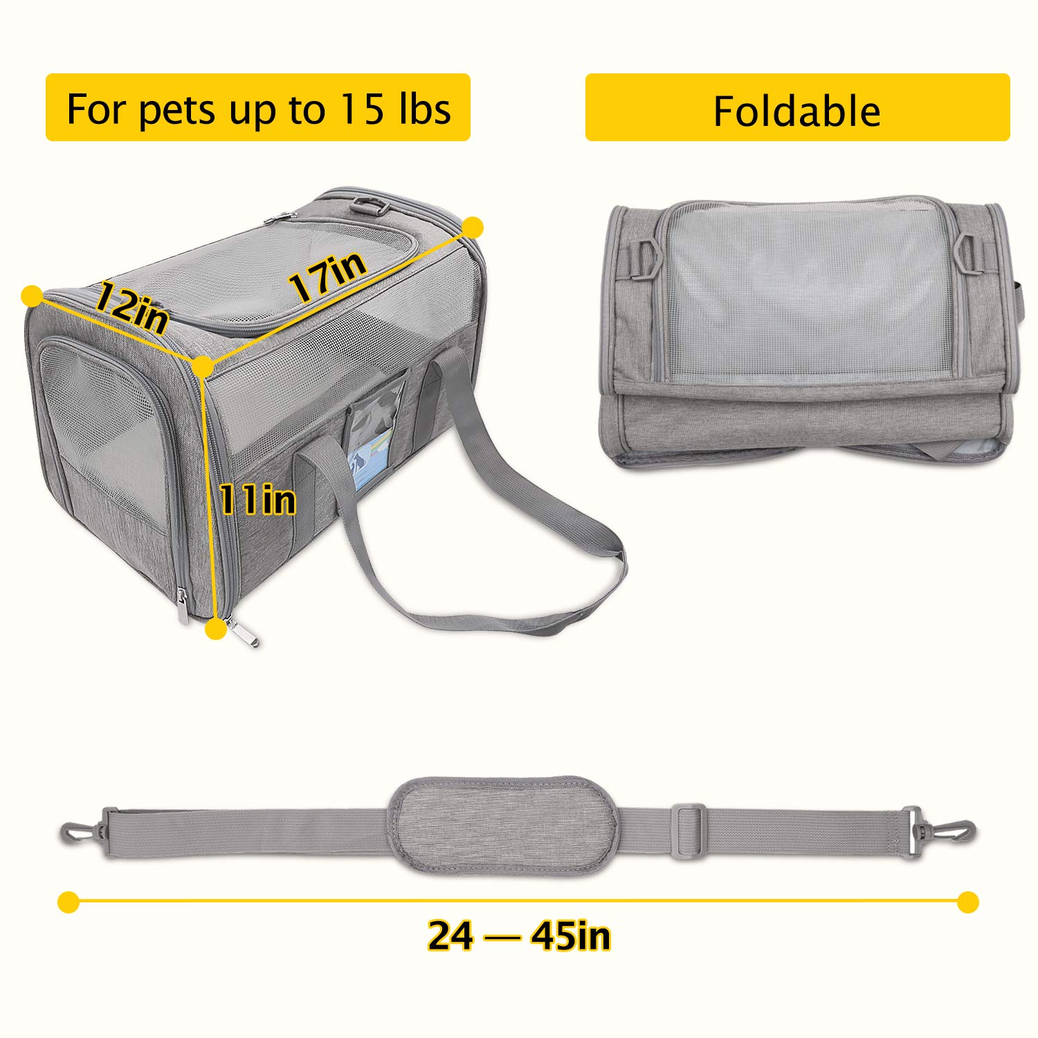 Refrze Pet Carrier Airline Approved, Cat Carriers for Medium Cats Small Cats, Soft Dog Carriers for Small Dogs Medium Dogs, TSA Approved Pet Carrier for Cats Dogs of 15 Lbs, Puppy Carrier,Grey