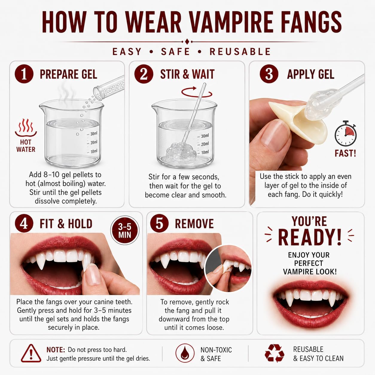 COOLJOY 3 Sizes Vampire Fangs Teeth with Adhesive Halloween Cosplay Props White Horror False Teeth Props Party Favors Masquerade Accessories Gift (Pack of 2) image 3