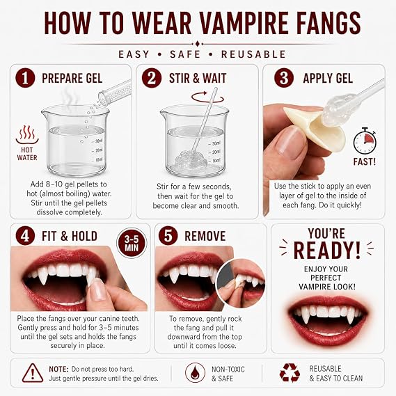 COOLJOY 3 Sizes Vampire Fangs Teeth with Adhesive Halloween Cosplay Props White Horror False Teeth Props Party Favors Masquerade Accessories Gift