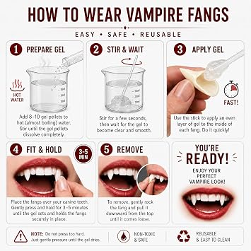 COOLJOY 3 Sizes Vampire Fangs Teeth with Adhesive Halloween Cosplay Props White Horror False Teeth Props Party Favors Masquerade Accessories Gift