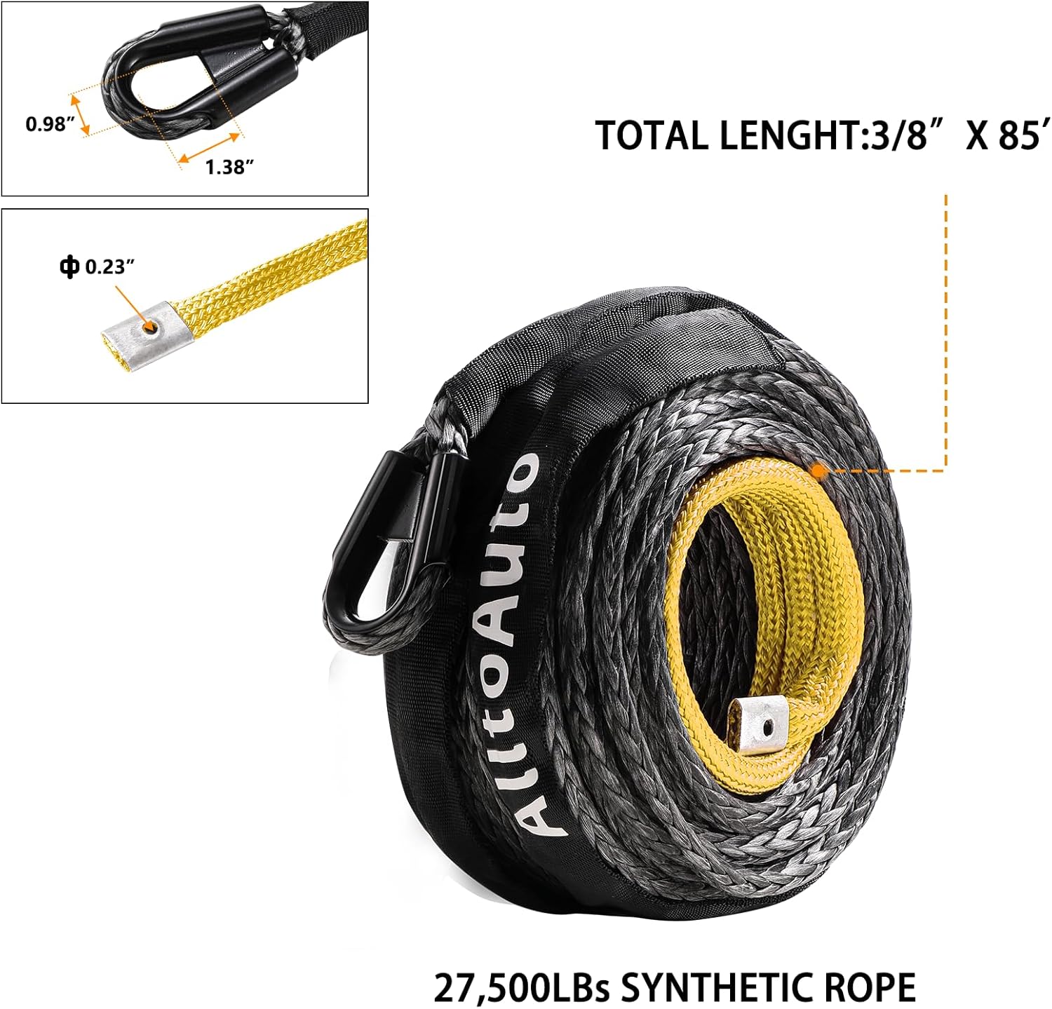 Winch Rope 3/8" x 85'-27,500lbs Dyneema Synthetic Winch Rope Line Cable with Protective Sleeve for Truck 4WD Off-Road Vehicle Winch Accessory Black