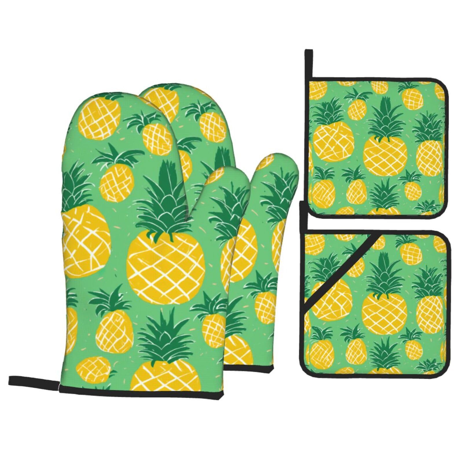 Gold Pineapple Background Print Kitchen Oven Mitts And Pot Holders Set,Hanging Loop Design For Cooking Baking Bbq