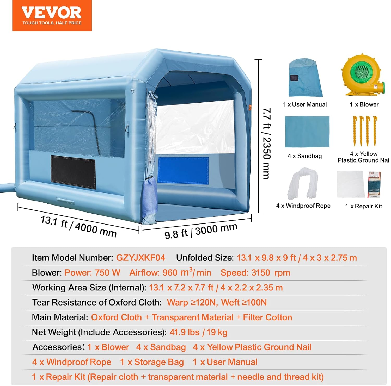 VEVOR Inflatable Paint Booth, 13.1 x 9.8 x 9 ft Inflatable Spray Booth, with 750W Powerful Blower and Air Filter System, Portable Car Paint Booth for Motorcycle, Bicycle, Auto Part Painting