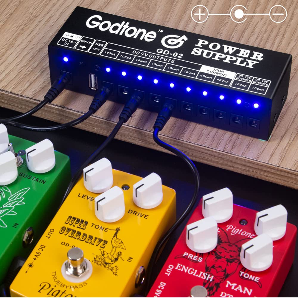 Alimentatore a pedale per chitarra, 10 uscite CC isolate per 9 V/12 V/18 V, 100 mA 400 mA, con USB (5V2A) GD-02