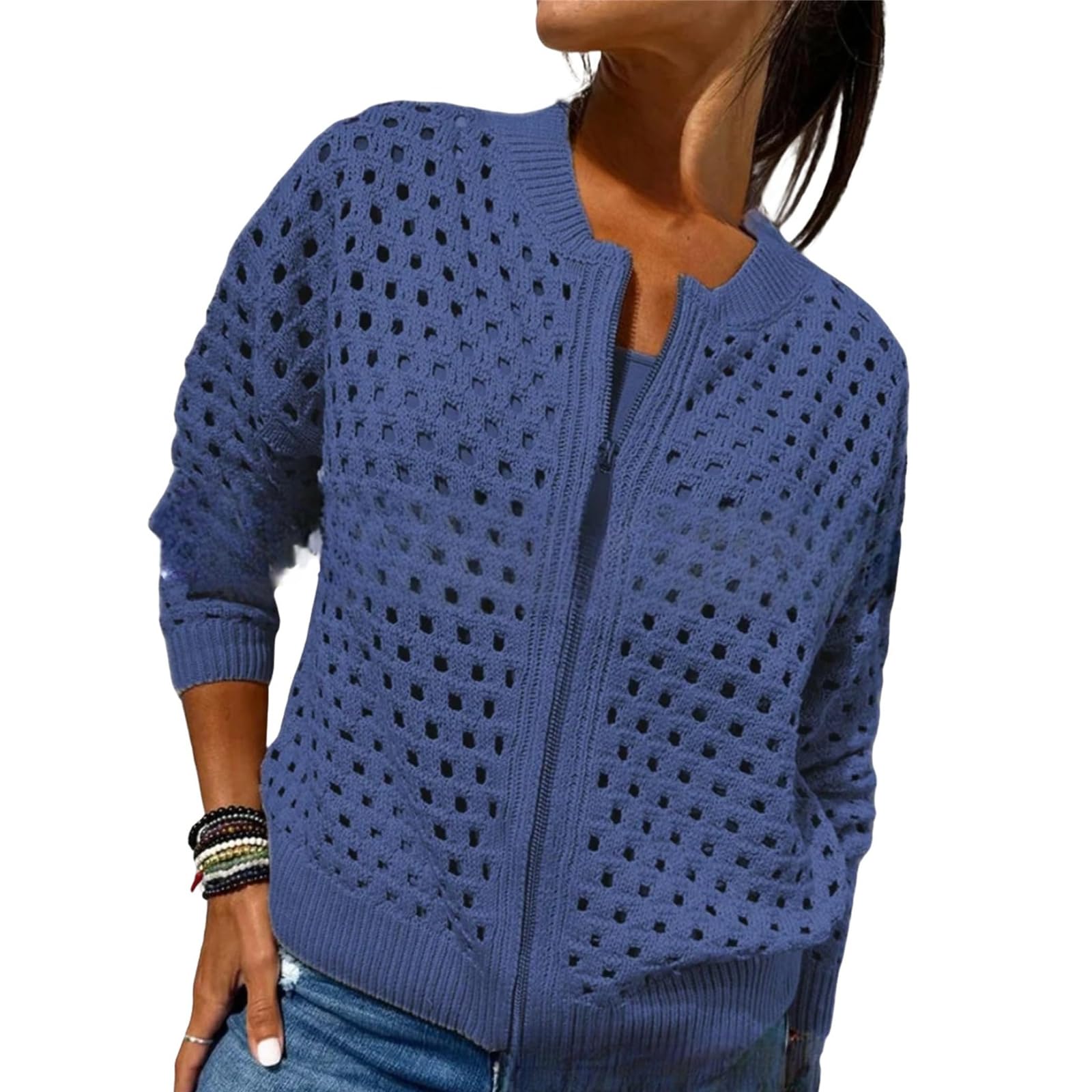Chaqueta de punto para mujer con cremallera y recortes, suéter de ganchillo con cremallera para mujer, parte superior de punto hueco para mujer, prendas de abrigo de punto de ganchillo