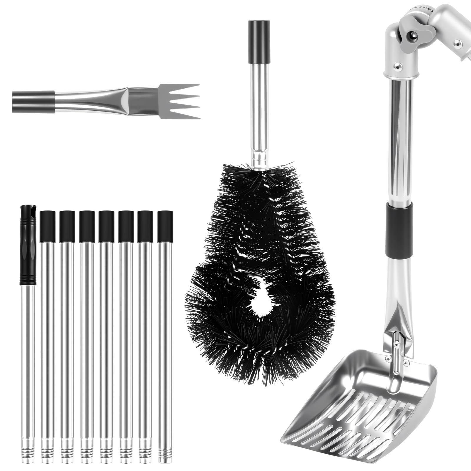 Gutter Cleaning Brush Kit - 4m Extendable Telescopic Pole, Adjustable Angle, Heavy Duty Stainless Steel & Nylon Bristles - Includes Gutter Scoop, Rake & 8 Detachable Rods for Downpipe, Eaves Cleaning