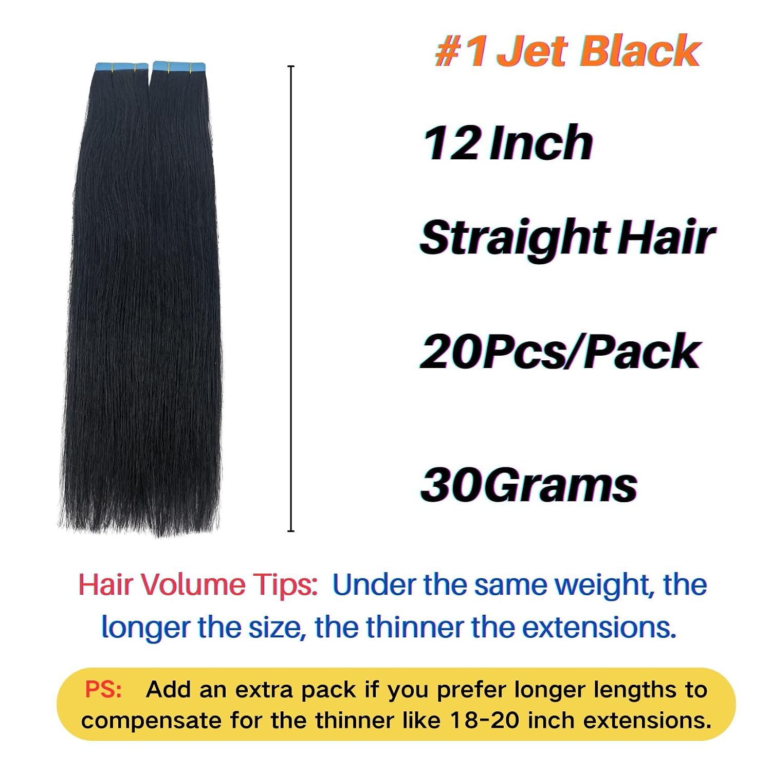 Jet Black Tape in Extensions Real Human Hair 12 Inch Invisible Black Hair Extensions Real Human Hair Tape Ins for Work