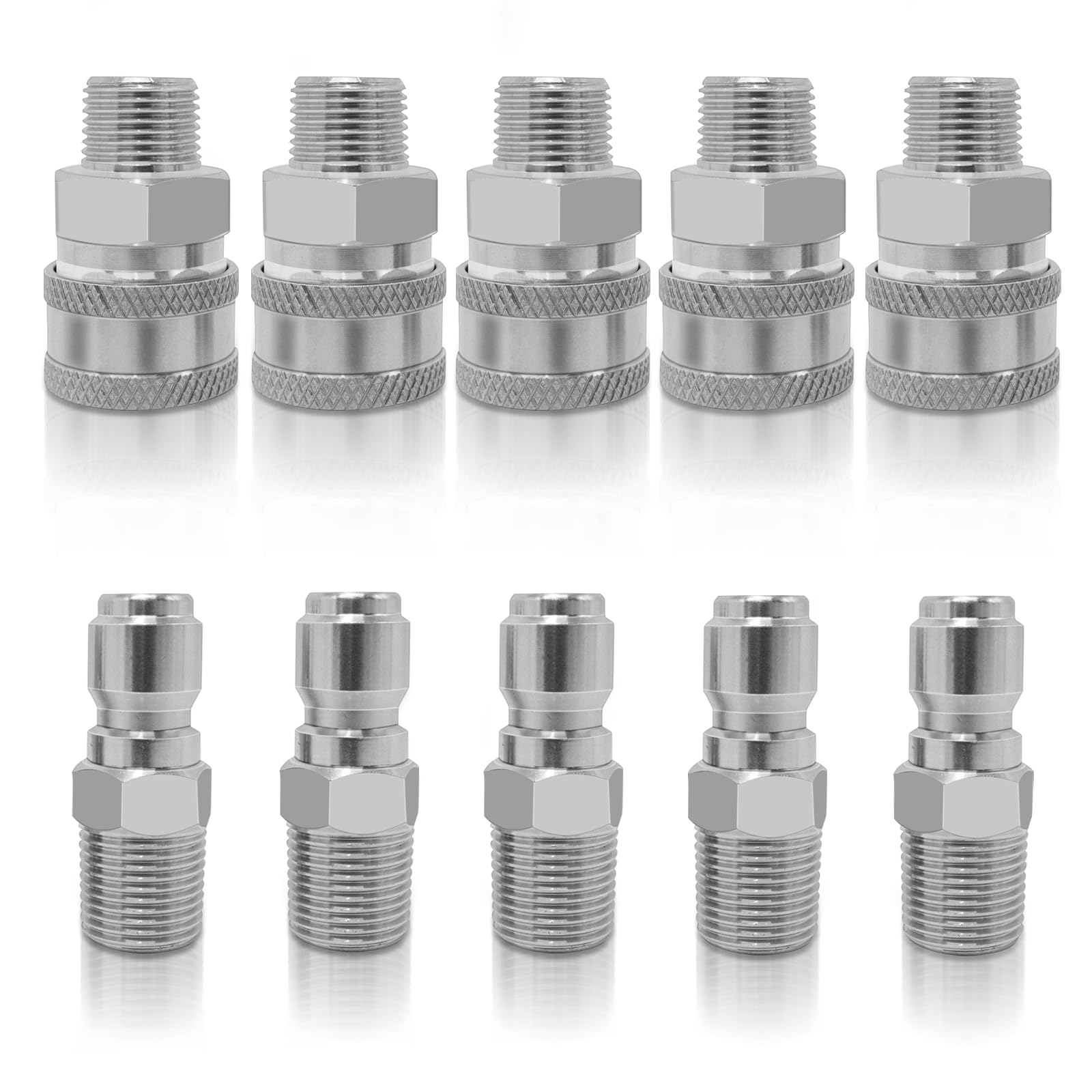 10 Pcs NPT 3/8 Inch Pressure Washer Adapter Set - Stainless Steel External Thread Connectors - Hose Quick Connector Kit High Pressure Water Pipe Adapters Accessories (5 Sets)
