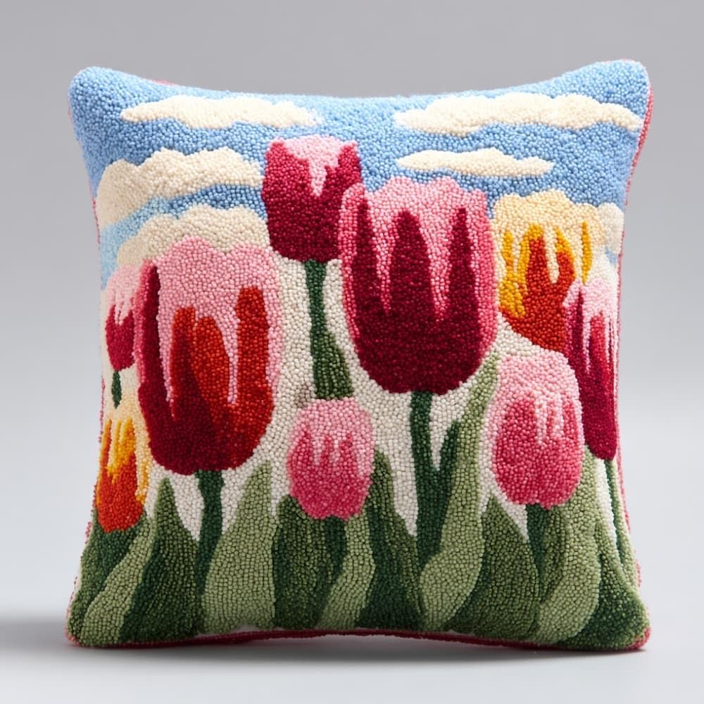 Taxpy Latch Hook Cushion Kits Tulip Pillowcase Kits Embroidery Kit 17X17 Inch DIY Needlework Pillow Cover Sofa Cushion Rug Making