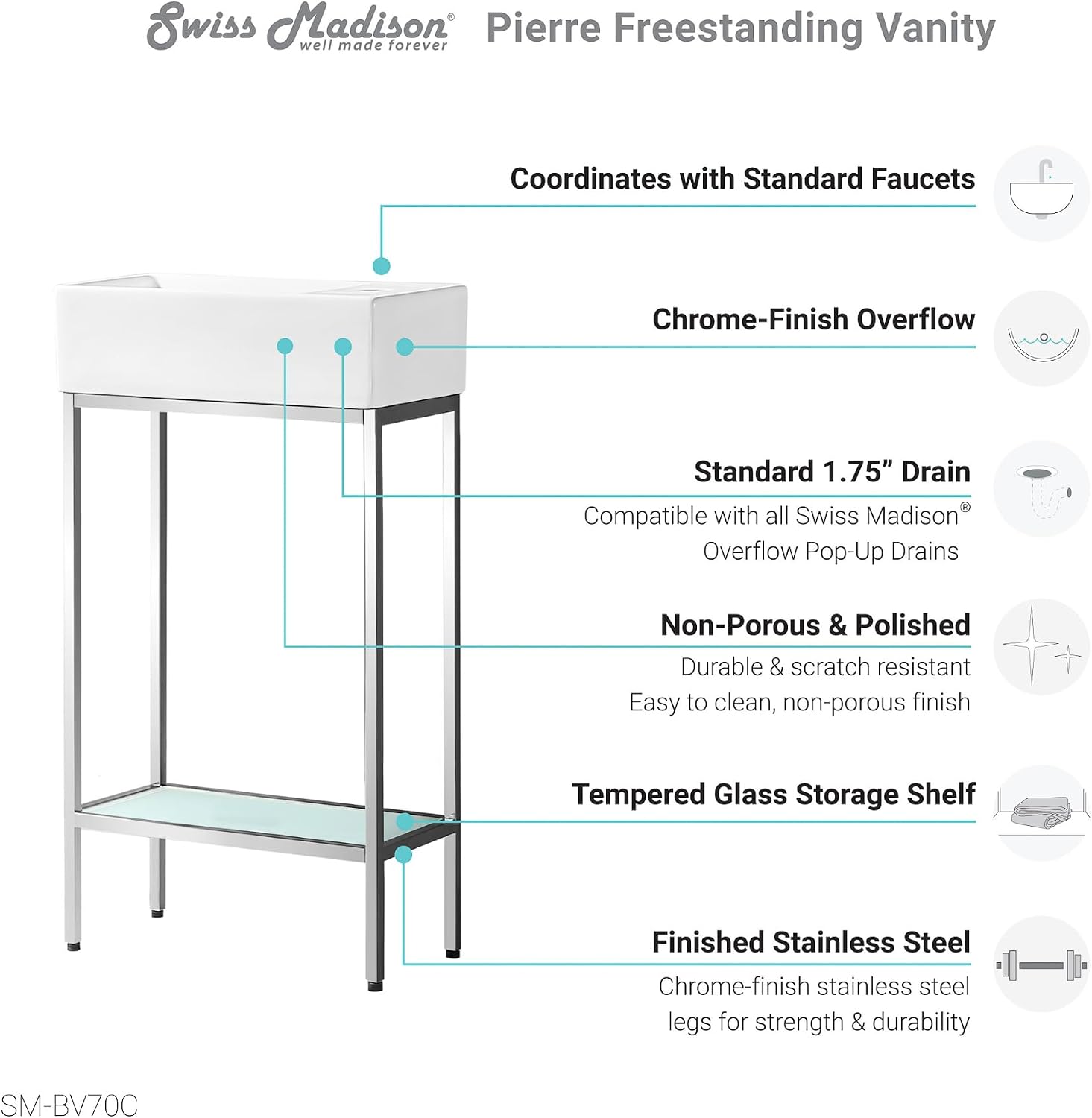Swiss Madison Pierre 19.5 Single, Freestanding, Open Shelf, Chrome Metal Frame Bathroom Vanity