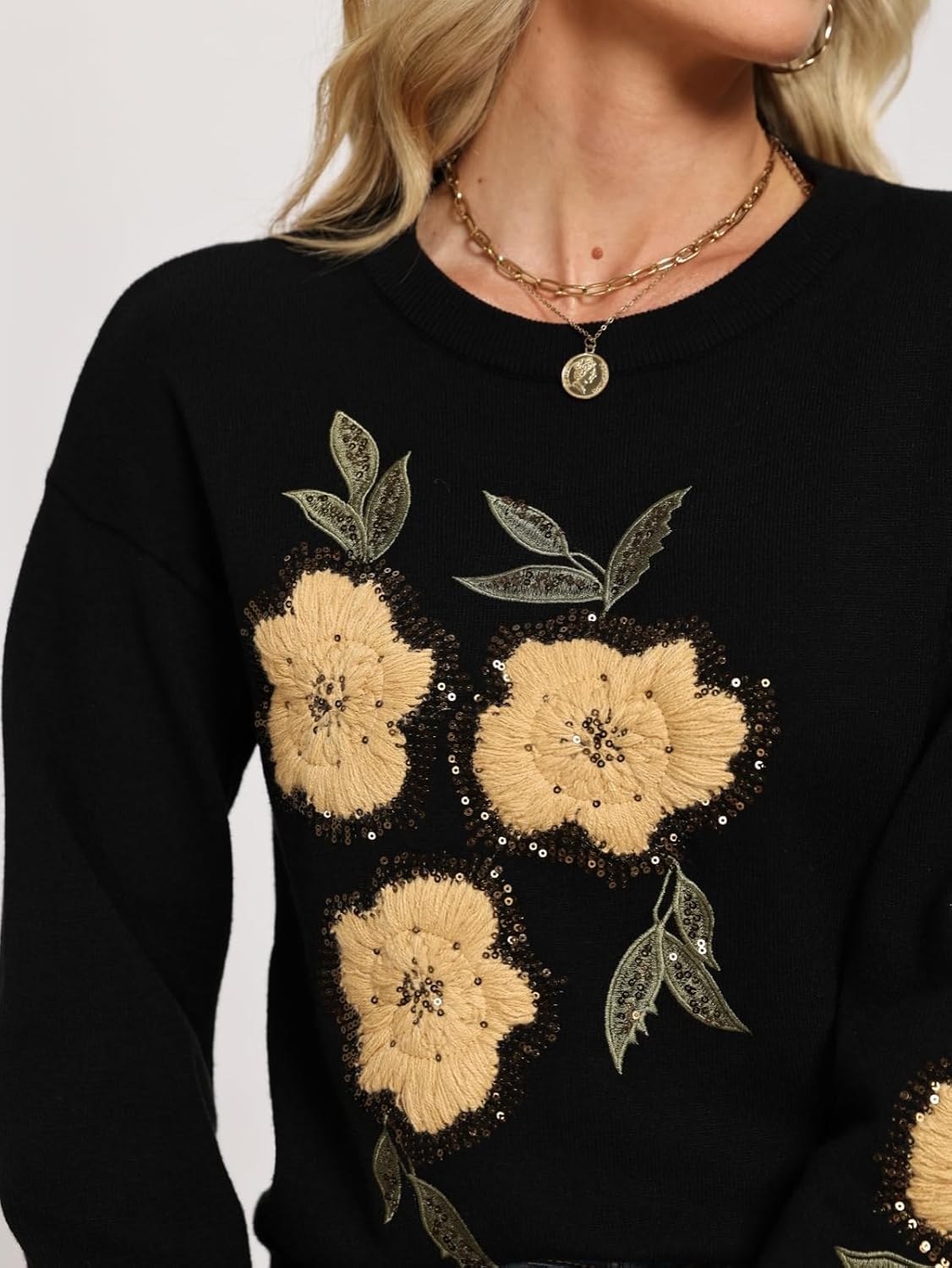Women Floral Sweaters Fall Cute Long Sleeve Crew Neck Pullover Sweater Casual Knit Trendy Tops - Image 7
