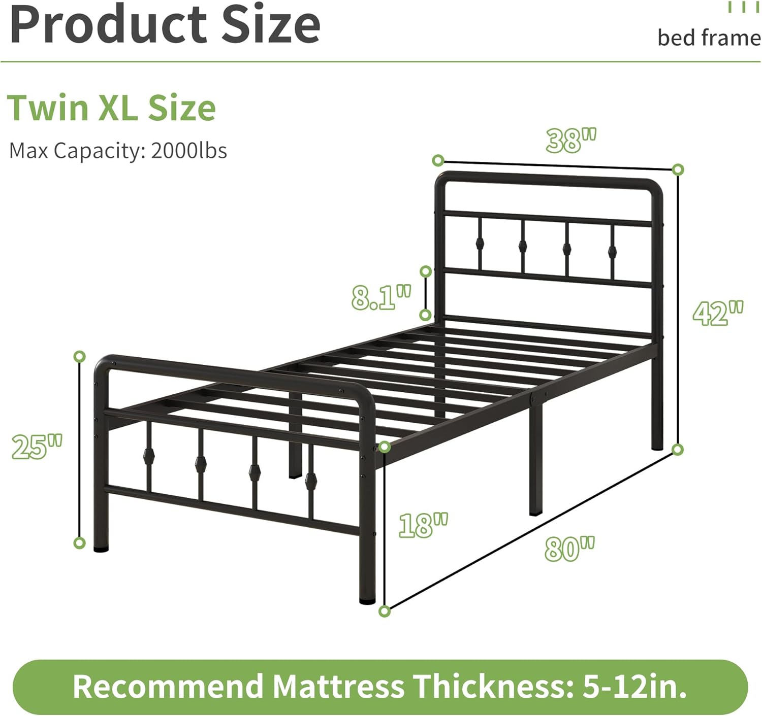 Nailsong 18 Inch Twin XL Bed Frames with Headboard and Footboard, Heavy Duty Metal Twin XL Platform Bed Frame No Box Spring Needed, Easy Assembly, Under-Bed Storage, Noise Free, Black