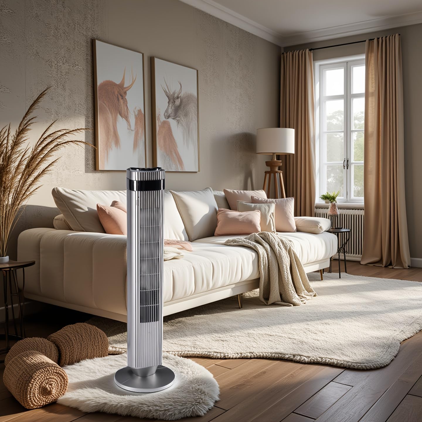 Quiet Tower Fan - High Velocity 22.3ft/s Standing Fan, 5 Speeds & 4 Modes, 12H Timer for Bedroom, Office, Dorm, Titanium Gray