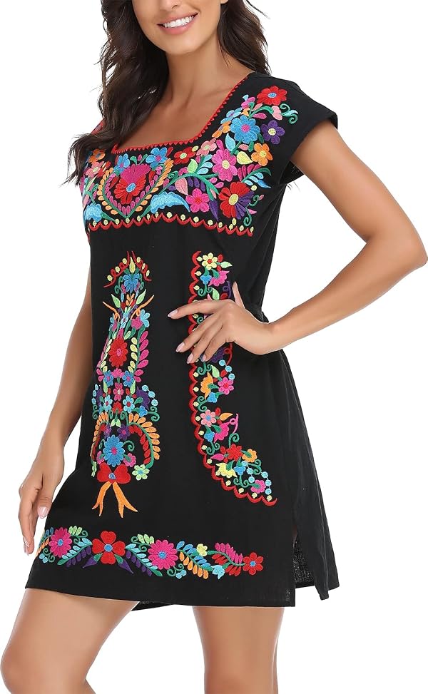Womens Mexican Embroidered Dress Floral Short Sleeve Boho Mini Dress by YZXDORWJ - Used condition - Image 6