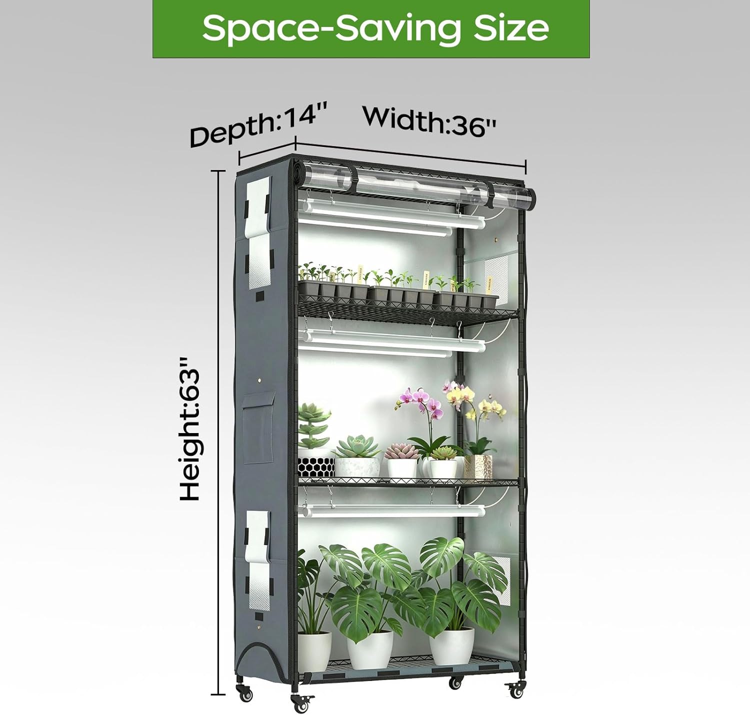 Indoor Greenhouse with 6 Pack 3-Color Grow Light, 36" Wx 14" D x 63" H with 600D Oxford Cloth Cover, 4-Tier Enclosed Plant Stand for Year-Round Indoor Gardening, Timer Plug & Hygrometer