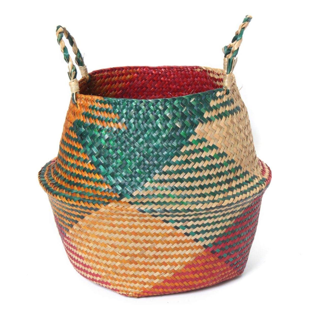 Woven Basket, Seagrass Basket Belly Natural Woven Flower Pot Storage Organizer with Handles for Laundry