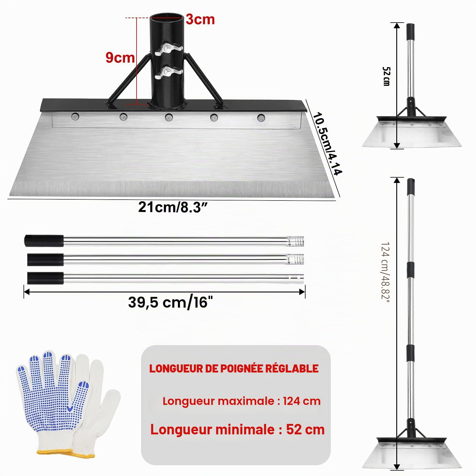 Kit de grattoir de jardin - Lame en acier inoxydable de 21 cm avec manche de 120 cm et gants à 3 sections - Éliminateur de mousse et de glace pour terrasse, allée et neige - Kit de pelle de jardin