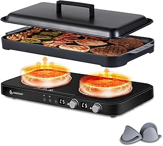 AMZCHEF Double Induction Cooktop with Removable Griddle Pan Non-stick, 1800W 2 burner Portable Induction