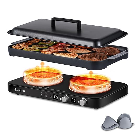 AMZCHEF Double Induction Cooktop with Removable Griddle Pan Non-stick, 1800W 2 burner Portable Induction Stove With Sensor Touch 9 Power Levels, 99 Min Timer, Iron Grey