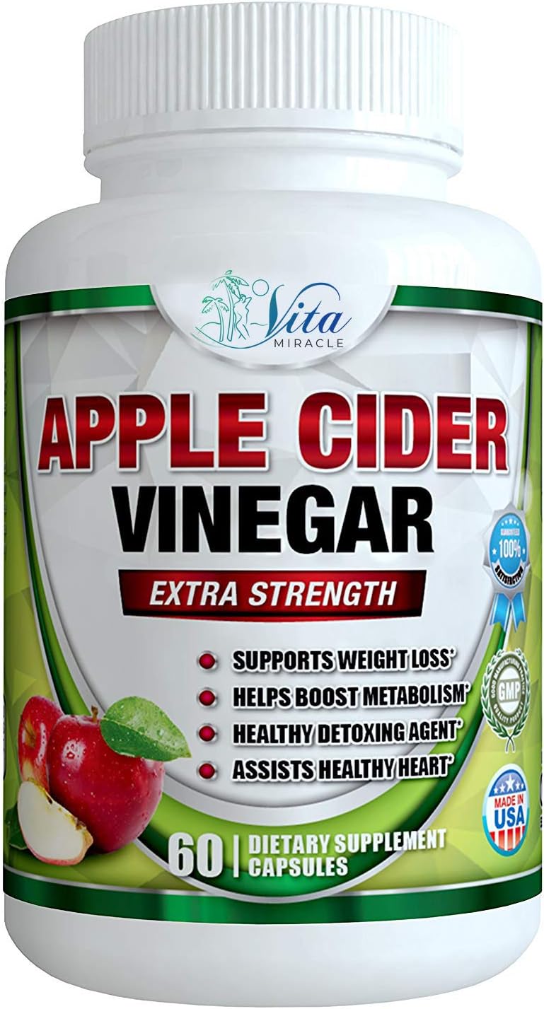 Pure Apple Cider Vinegar Capsules - 1300mg Best ACV Pills Support Digestion, Detox, Cleanser - Supplements Heart Health and Blood Sugar Metabolism