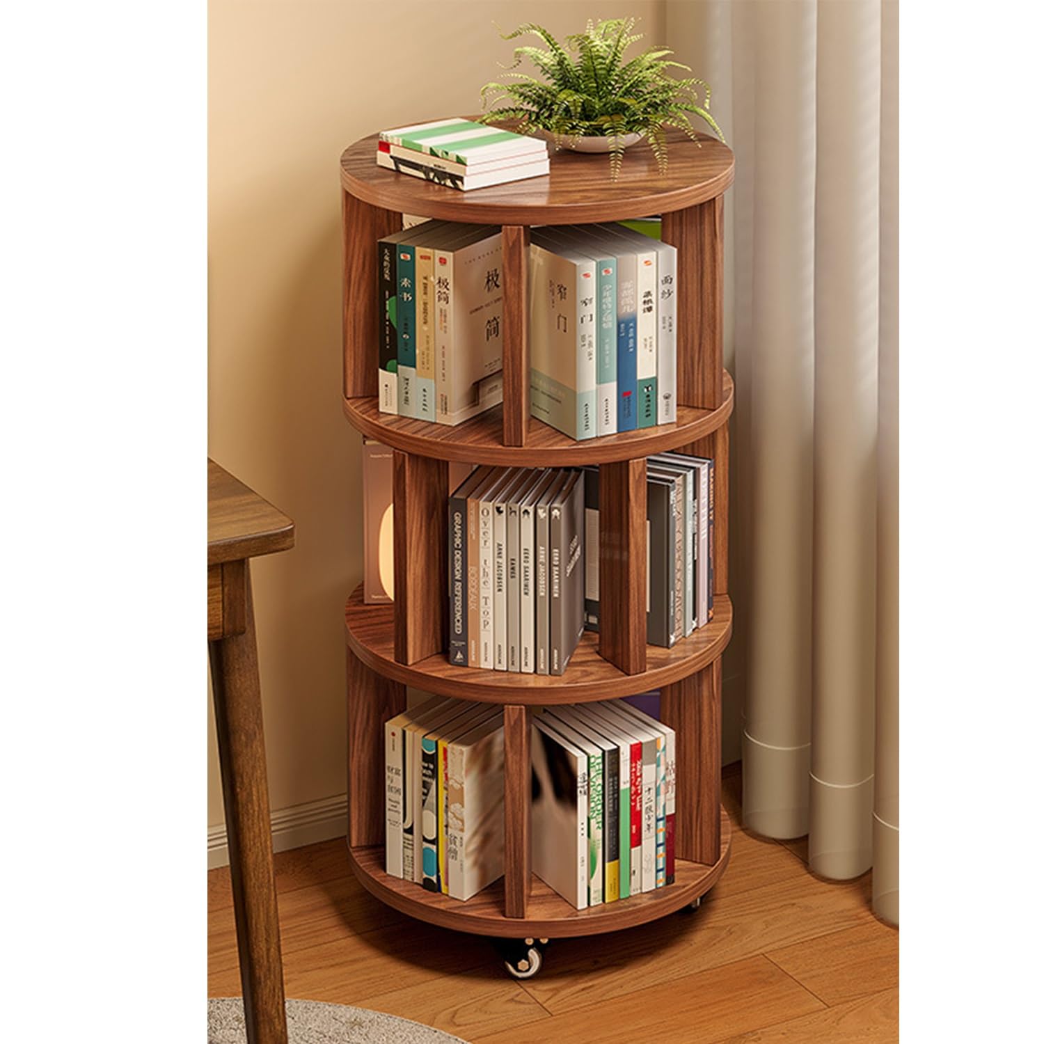 Rotating Bookshelf Tower 2/3/4/5/6 Tier Wood Rotating Bookshelf Wooden Book Shelf Standing Storage Rack, Narrow Tall Bookshelves Ideal For Small Spaces Living Corners(Cumin,3 Tier)