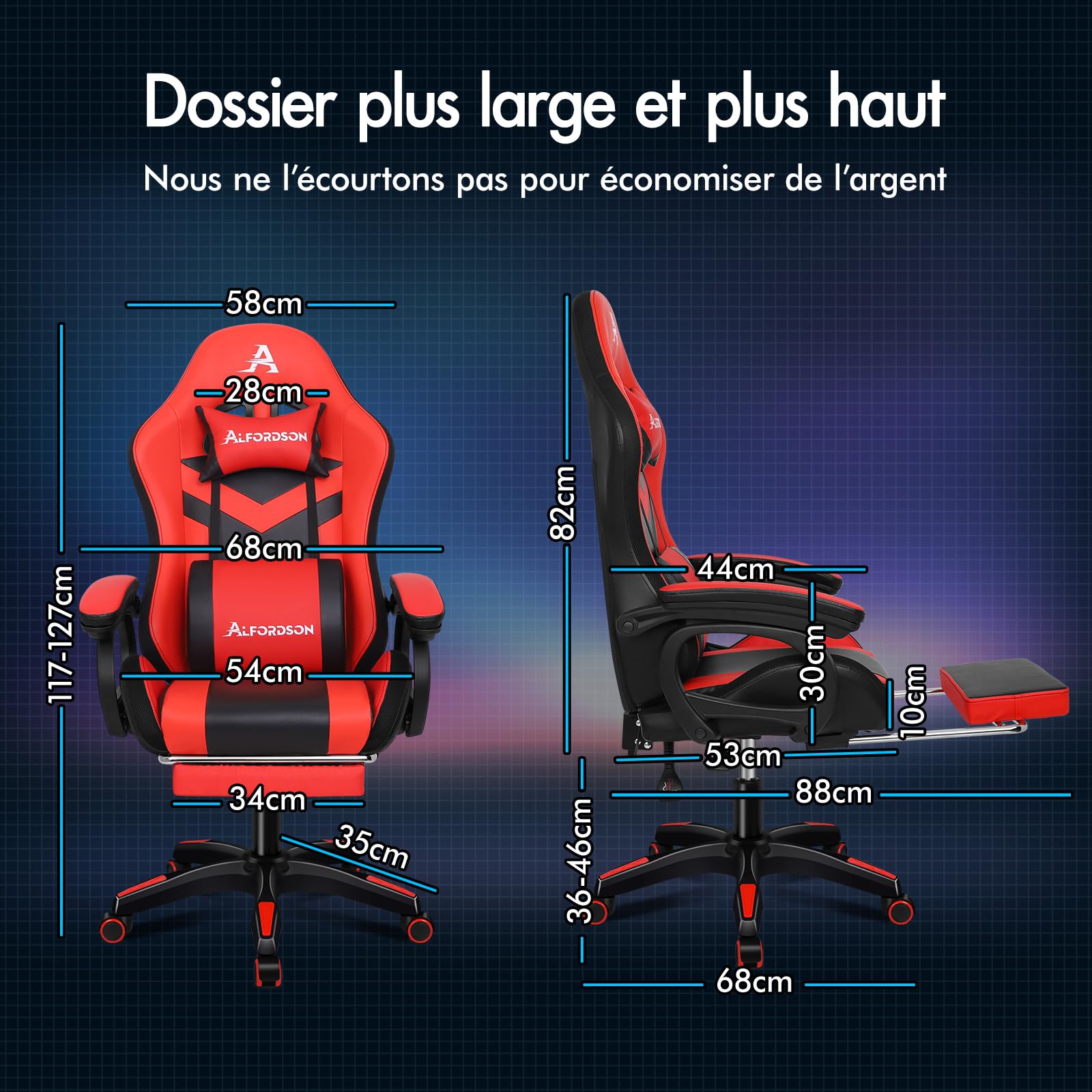 ALFORDSON LED Chaise Gaming, Siege Gaming avec Massage 8 Points, Fauteuil de Gaming Pivotant Ergonomique avec Éclairage RVB avec Support Lombaire et Appui-Tête, Hauteur Réglable, Rouge