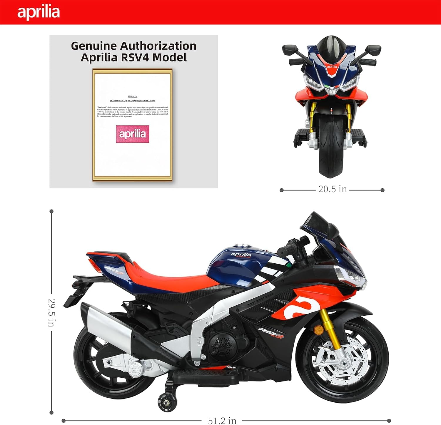 TCARAIWEN Aprilia Licensed 24V Kids Electric Motorcycle, Speed Up to 8mph Ride-On Motorcycle with Training Wheels, Key Switch and Mp3 (Normal Motors - 24V, Blue)