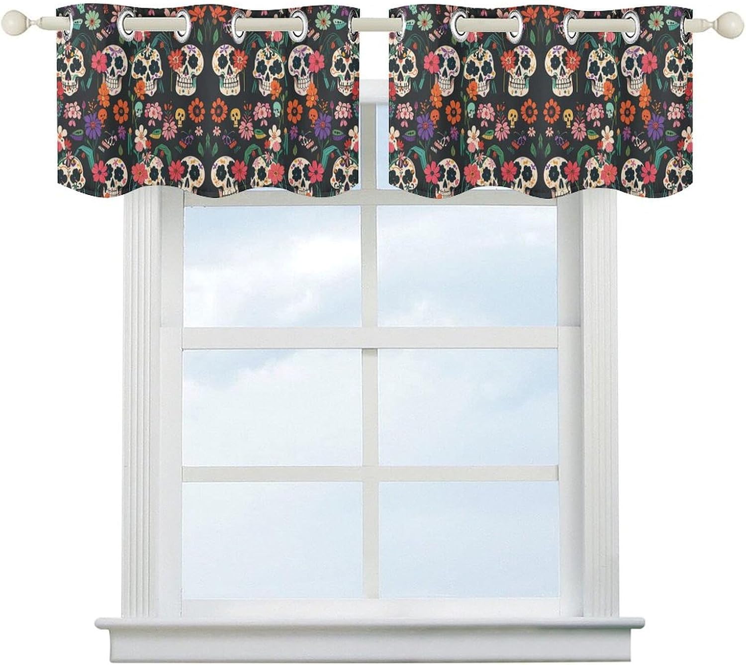 Small Window Curtains, Day of The Dead Floral Skull Patterns Printed Mini Window Curtains Valance, Pocket Window Curtains are Suitable for Homes, Offices, Farmhouses, and Restaurants