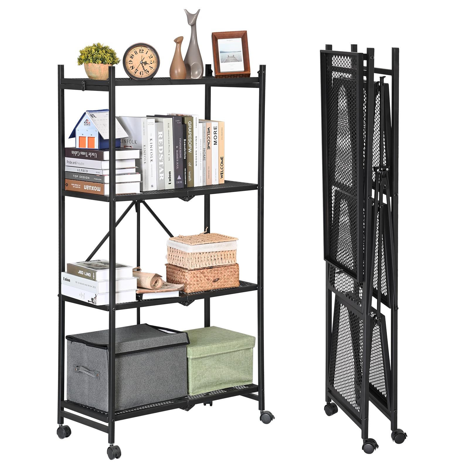 Desserte à roulettes Pliante à 4 étages, Chariot de Service, Chariot de Cuisine, 137 x 32,5 x 73,5 cm, Étagère de Rangement Pliable Multifonctionnelle, pour Cuisine, Bureau, Salle de Bain