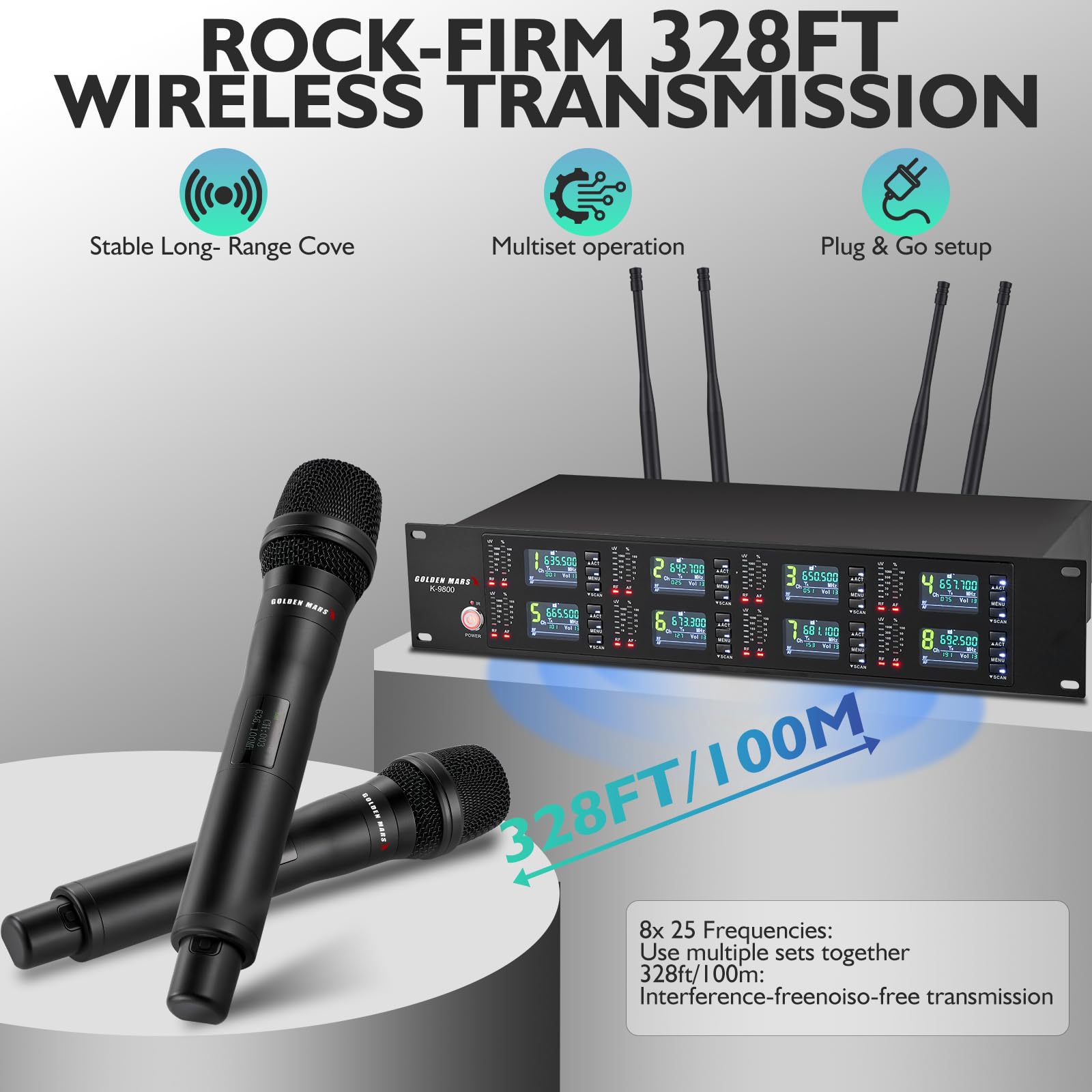 Bezprzewodowy system mikrofonowy, 8-kanałowy mikrofon bezprzewodowy, z 8 ręcznymi mikrofonami dynamicznymi, automatyczne skanowanie, częstotliwość UHF 8 x 40, zasięg 100 m, mikrofon do