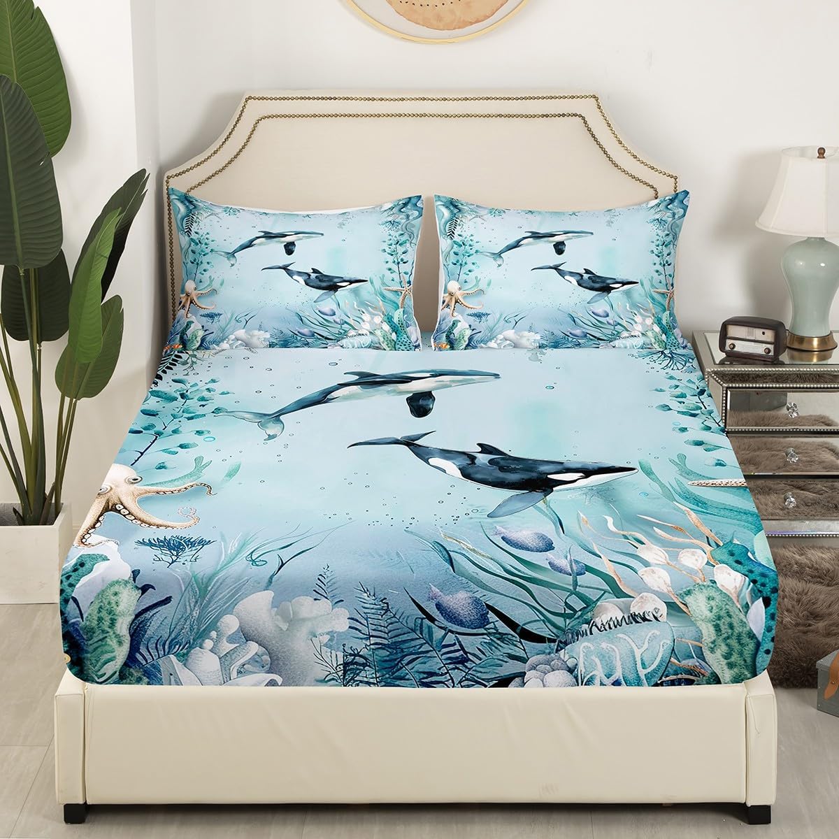 Killer Whale Orca Fitted Sheet Teal Blue Ocean Beach Coastal Queen Bed Sheets for Girls,Starfish Octopus Tentacles Sheets Underwater Creature Coral Bedding Set,Kawaii Fish Room Decor